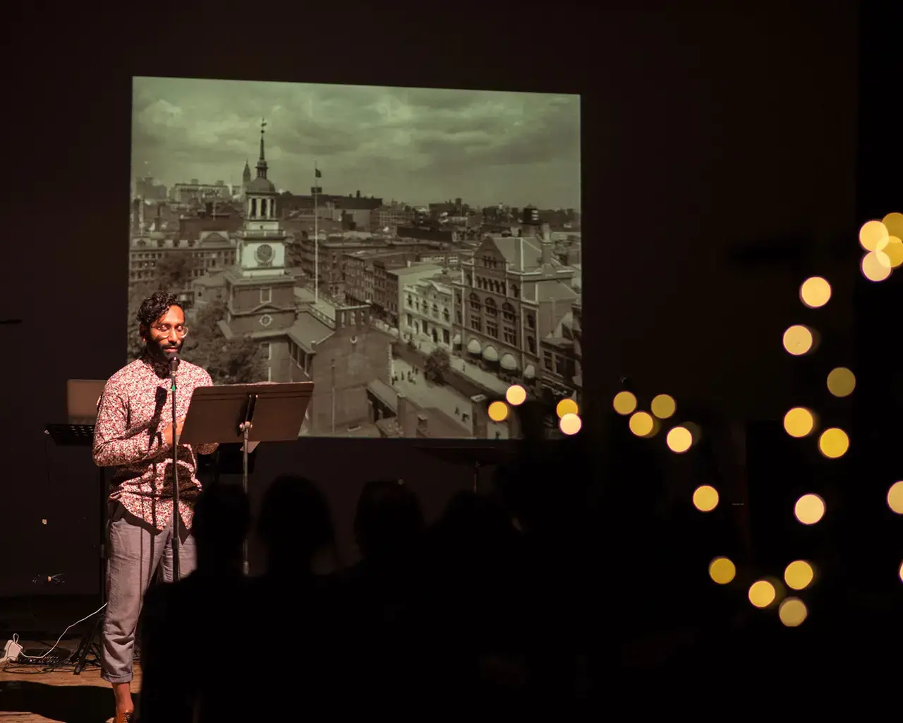 South Asian American Digital Archive, Imran Siddiquee leads audience members through the narratives of the Revolution Remix walking tour. Photo by Justin L. Chiu.