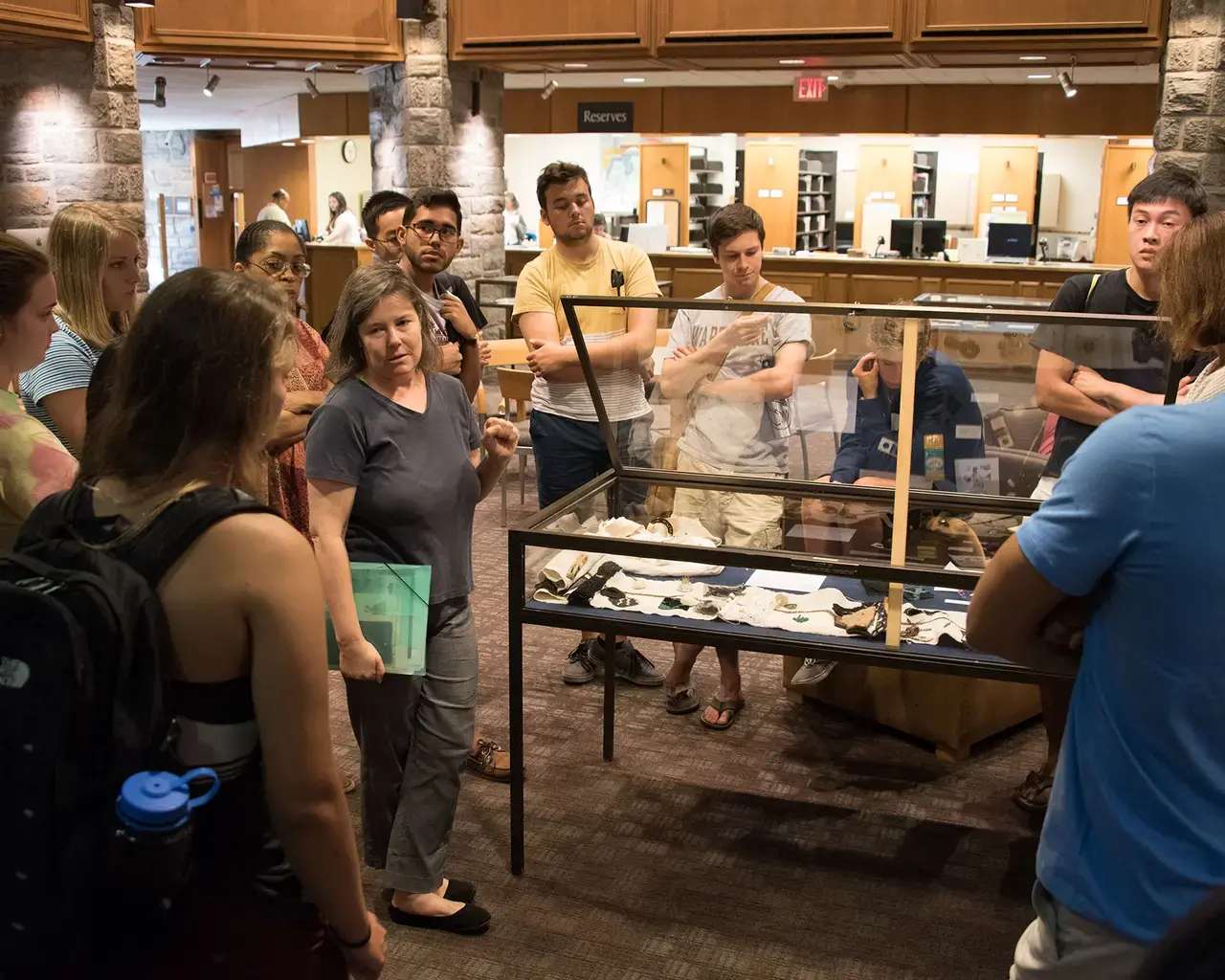 Book artist Angela Lorenz describes her work, Life, Life Eternal Life: Uncle Wiggily Meets The Pilgrim&rsquo;s Progress, to patrons of the McCabe Library. Photo courtesy of Swarthmore Library.