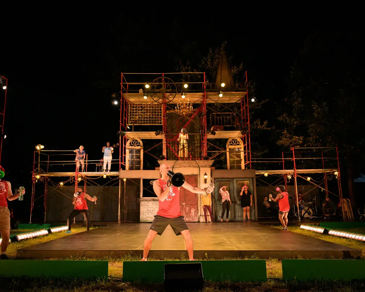 TOWN, 2022, Theatre Horizon, Norristown, PA. Front row: Evan Avelar, Omar Abdali, Angel Stewart; middle row: Amon Gibson, Marcia Brown, Kynisha Gary, Nya Green-Harris, Ameika Malcolm; on set: Diane Reilly, Lora B. Gonzalez, Jackie Watkins. Photo by John C. Hawthorne.