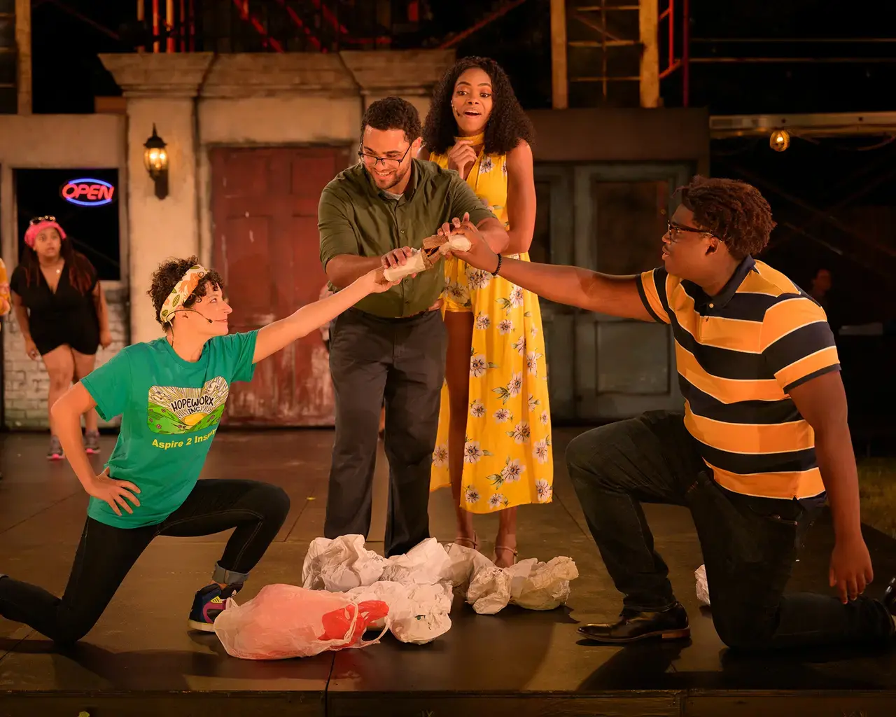 TOWN, 2022, Theatre Horizon, Norristown, PA. Pictured: Marcia Brown, Nya Green-Harris, Marisol Rosa-Shapiro, Daniel L. Melo, Jackie Watkins, and Evan Williams. Photo by John C. Hawthorne.