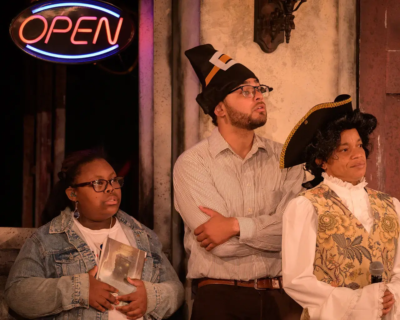 TOWN, 2022, Theatre Horizon, Norristown, PA. Pictured: Reina Ann Scott, Daniel L. Melo, Yasmin Brown. Photo by John C. Hawthorne.