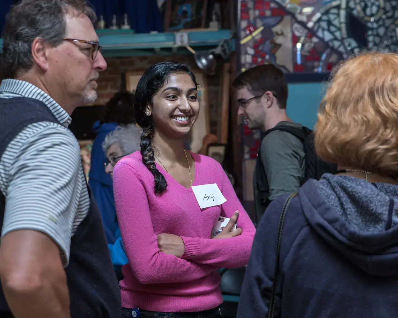 First-year Jefferson medical student Anji R. and mentors Mike S. and Mary Anne S. at Philadelphia&rsquo;s Magic Gardens. Photo by Jonas Denzel and Christian Hays.