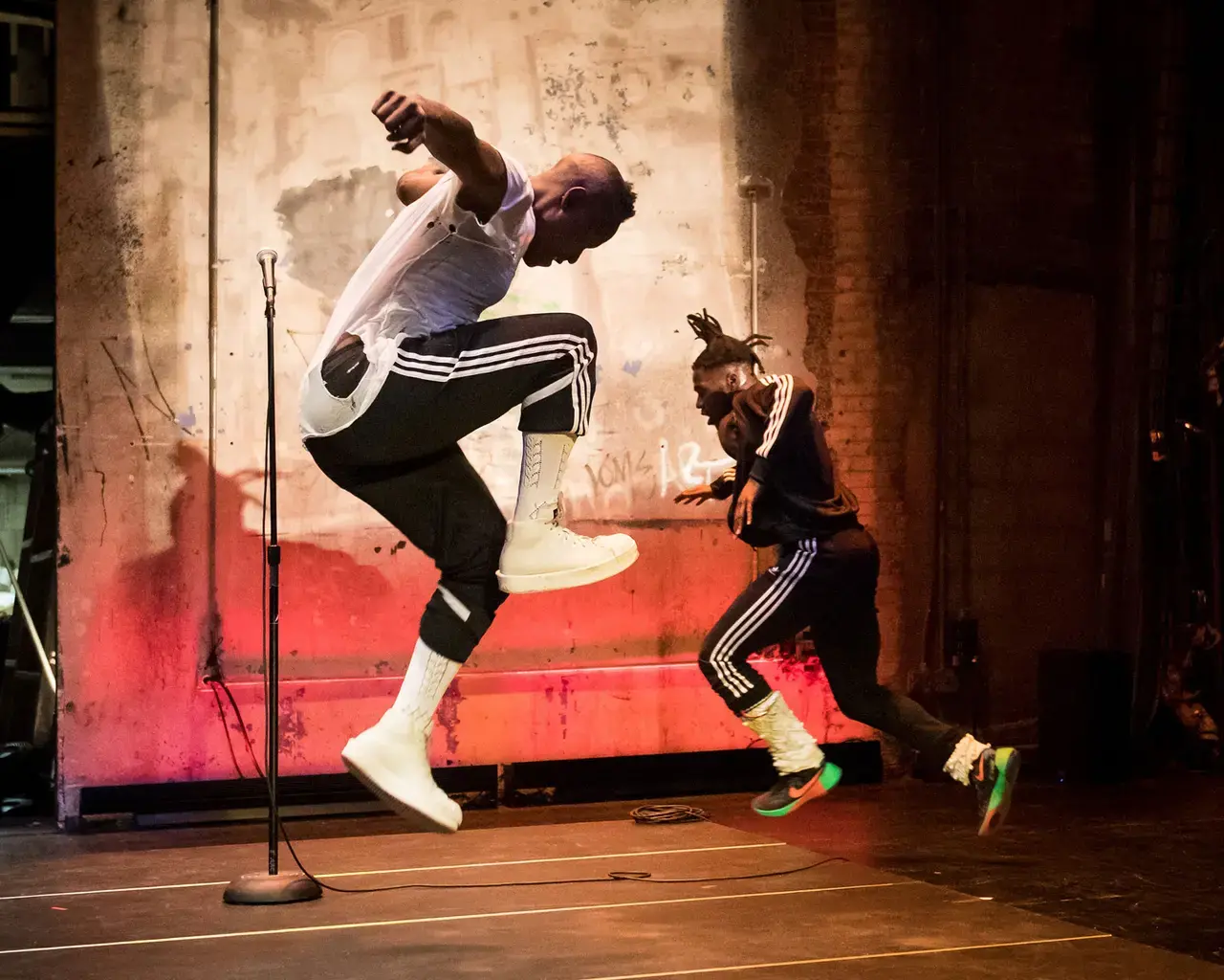 University of the Arts School of Dance, Nora Chipaumire, "#PUNK"&nbsp;performance shot. Pictured: Nora Chipaumire and Shamar Watt. Photo by Ian Douglas.
