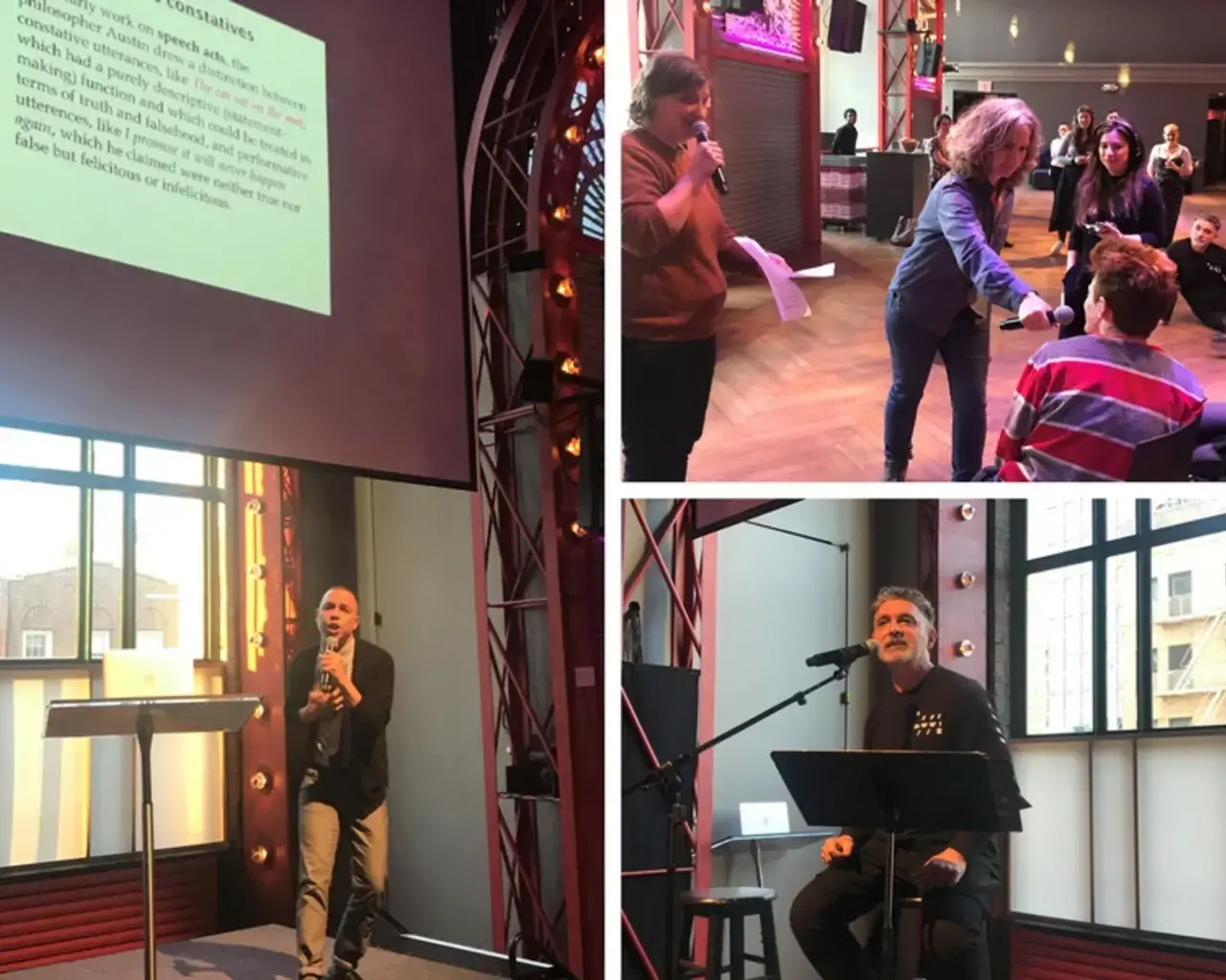 Artist activations by Malik Gaines, Sharon Hayes and Brooke O&#39;Harra, and Ain Gordon (left to right) during the opening of the&nbsp;In Terms of Performance&nbsp;exhibition at BAM.