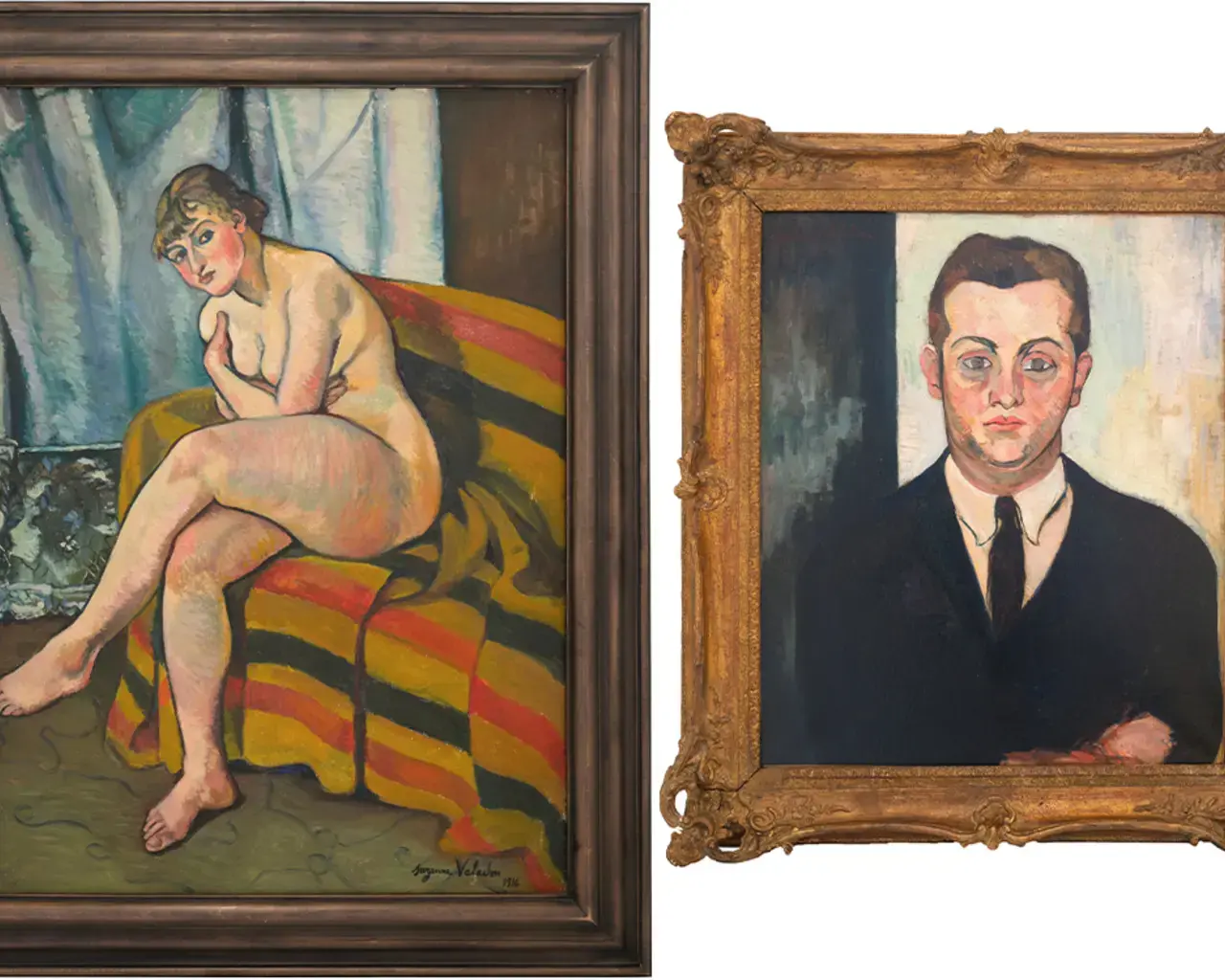 Left:&nbsp;Suzanne Valadon, Nude Sitting on a Sofa, 1916, oil on canvas, 32"&nbsp;x 23". Courtesy of the Weisman &amp; Michel Collection.Right:&nbsp;Suzanne Valadon, Portrait of Louis Moysés, Founder of Le Boeuf sur le Toit, c. 1924, oil on canvas, 65.3 x 54 cm. Courtesy of the Weisman &amp; Michel Collection.