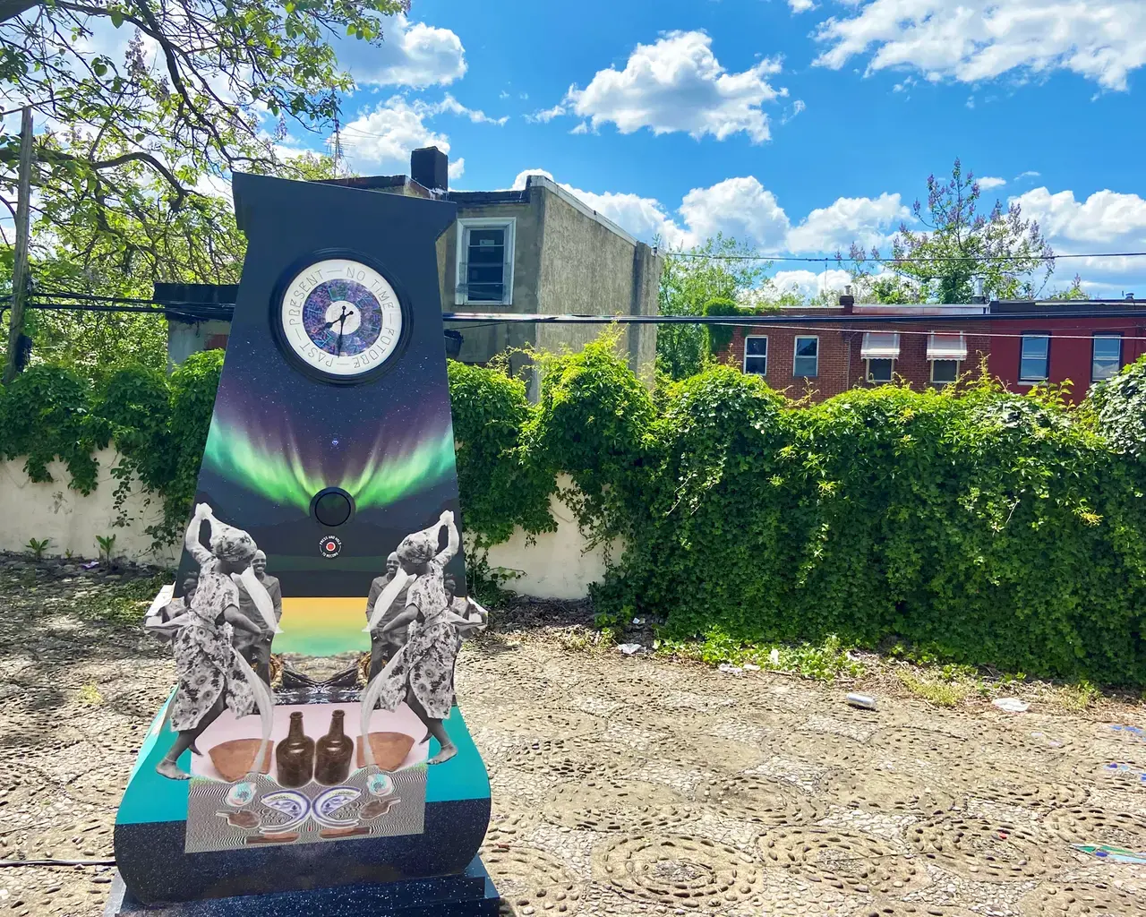 Black Quantum Futurism, Reclamation: Space-Times, 2021, part of Staying Power exhibition, The Village of Arts and Humanities with Monument Lab, Fairhill-Hartranft neighborhood, Philadelphia, Pennsylvania. Photo courtesy of The Pew Center for Arts &amp; Heritage.