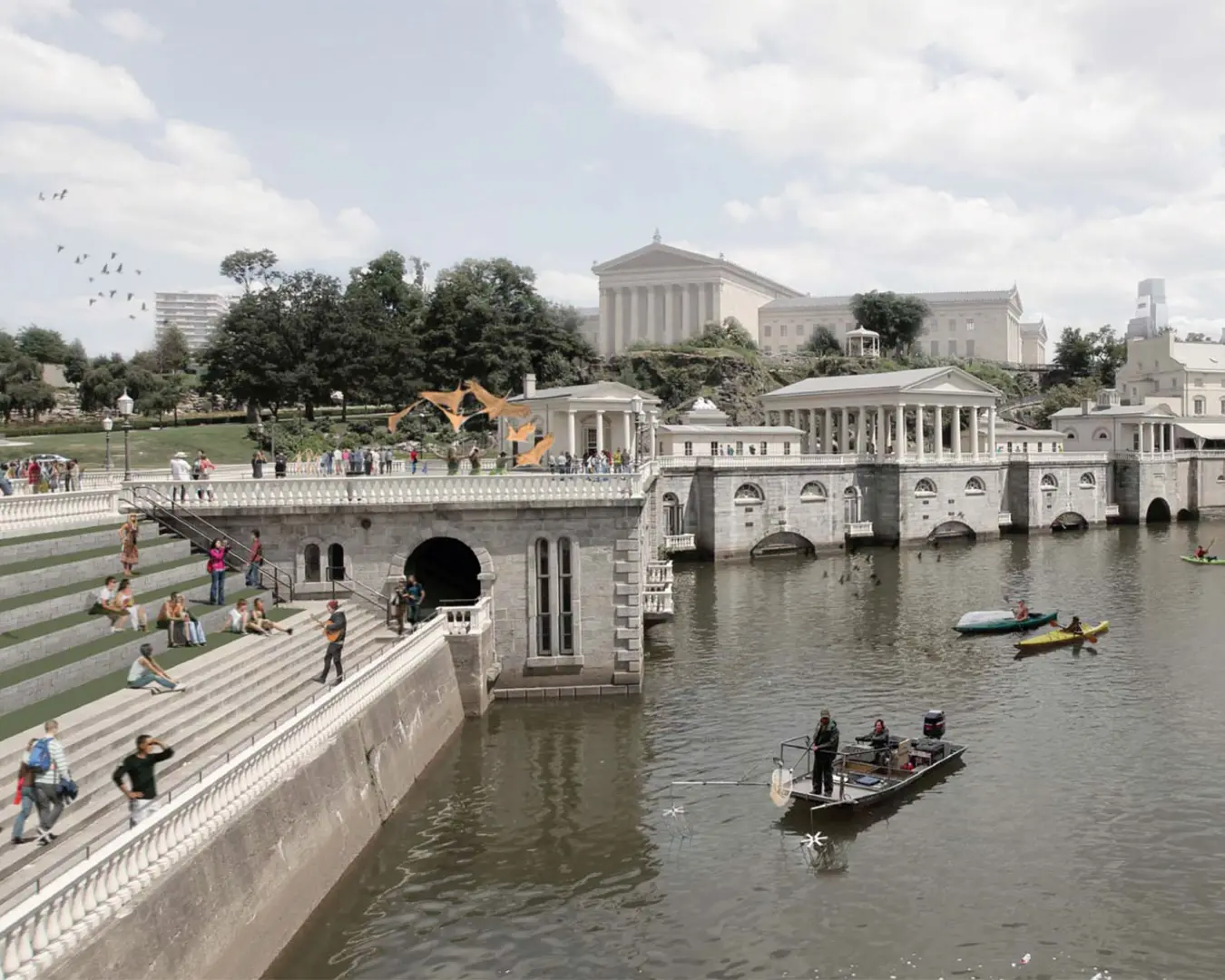 The Fairmount Water Works Today: A 21st Century Inspiration, 2014, architectural illustration. Courtesy of Fairmount Water Works.