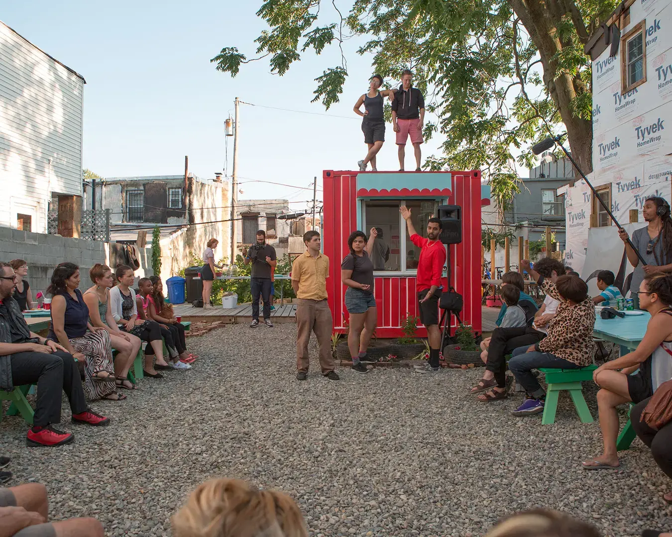 Playgrounds for Useful Knowledge&nbsp;Neighborhood Convening, June 29, 2015. 632 Jackson Street. Photo by Steve Weinik. Courtesy of the City of Philadelphia Mural Arts Program.