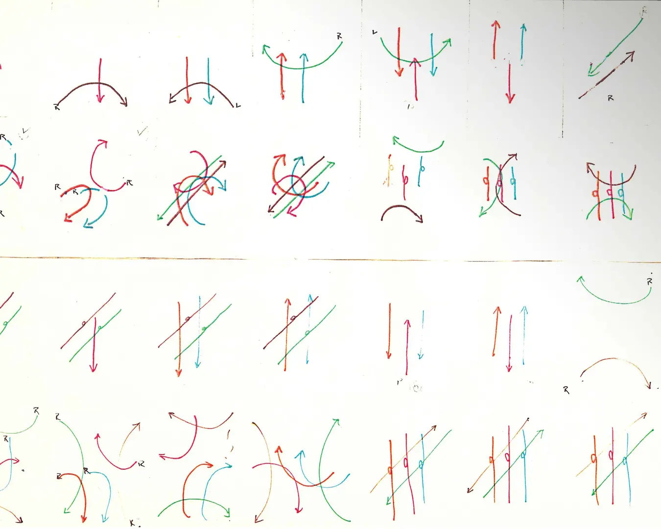 Score for Lucinda Childs&#39; Melody Excerpt. This score represented all the possible pathways that each dancer may traverse during the course of performing Melody Excerpt, along with stage measurements in feet. Each dancer is represented by a discrete color. Courtesy of Lucinda Childs.