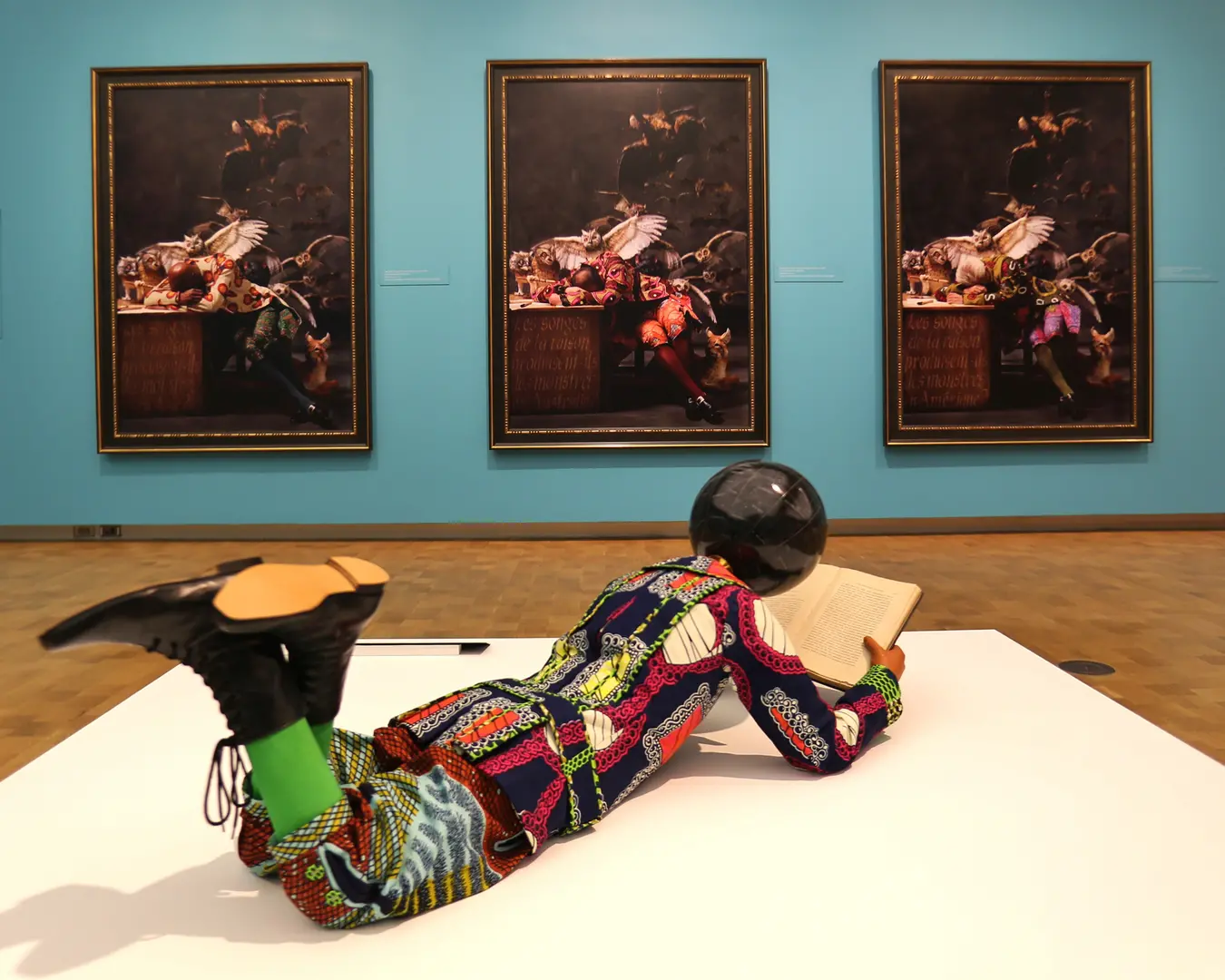 Yinka Shonibare MBE, Planets in My Head, Philosophy, 2011. Mannequin, Dutch wax printed cotton, leather and fiberglass, 16 x 16 x 45 inches. Photo by Darryl W. Moran, courtesy of The Barnes Foundation.