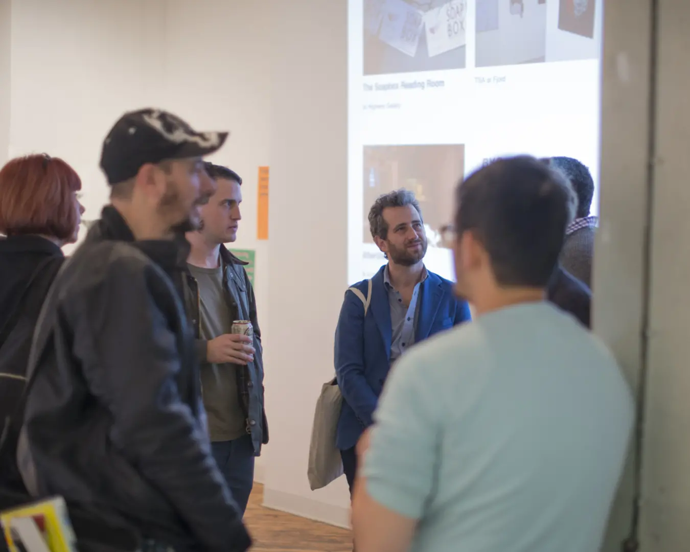 Mexico City-based artists Eduardo Abaroa and Yoshua Okón speak with Philadelphia artists participating in Citywide on Trolley Day, November 2013. Photograph by Jaime Alvarez.