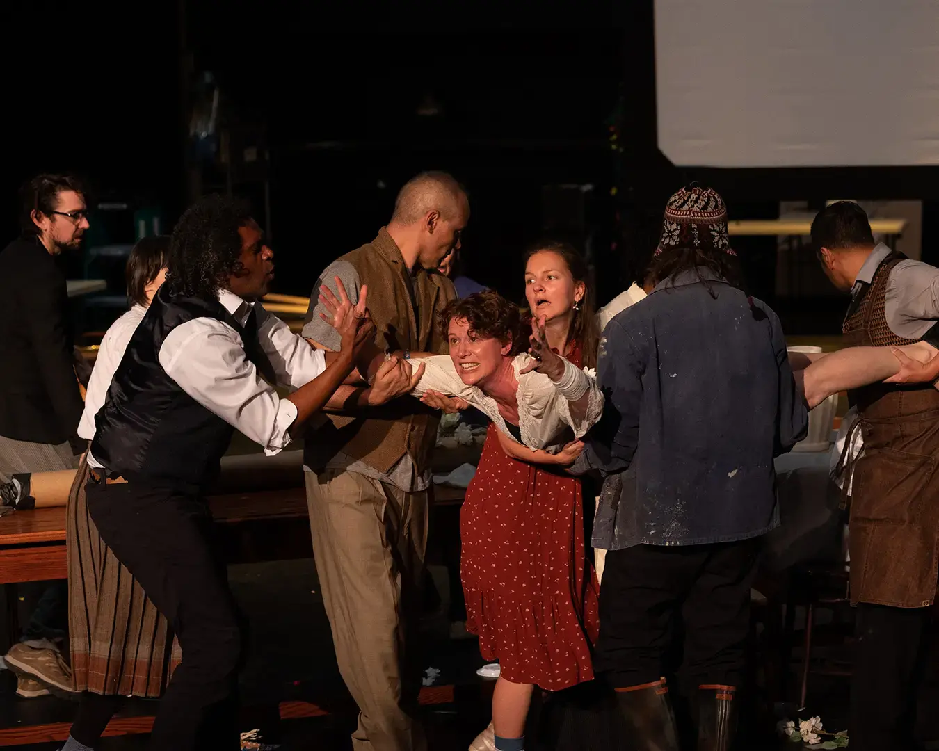 The Wilma Theater, The Cherry Orchard workshop, 2021. Pictured: Krista Apple (center) with the Wilma HotHouse Company. Photo by Johanna Austin.&nbsp;