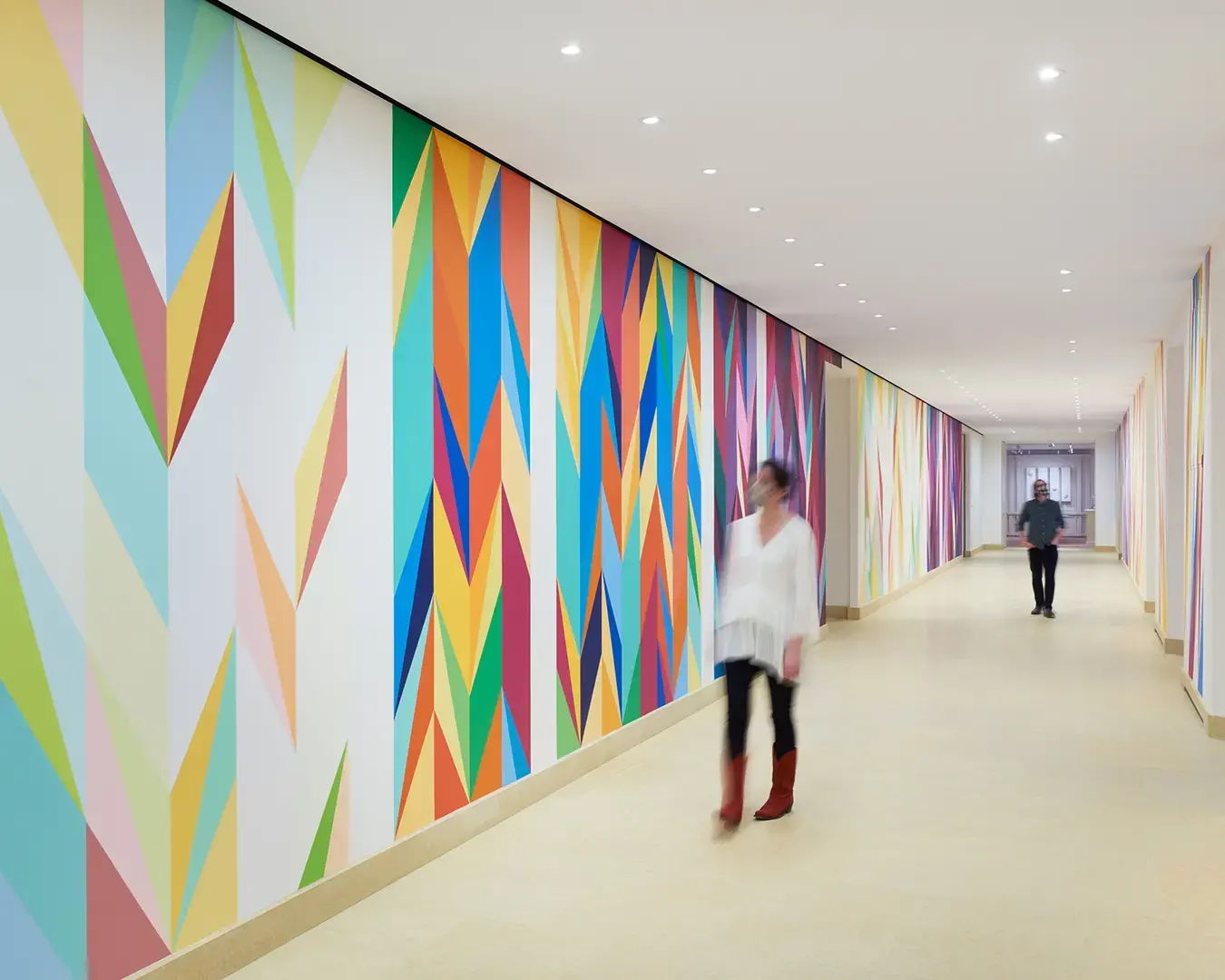 Odili Donald Odita, Walls of Change, 2021; acrylic latex paint on wall, 128’. Commissioned by the Philadelphia Museum of Art with funds contributed by John Alchin and Hal Marryatt. Courtesy of the artist and Jack Shainman Gallery. Image courtesy of the artist and the Philadelphia Museum of Art.&nbsp;