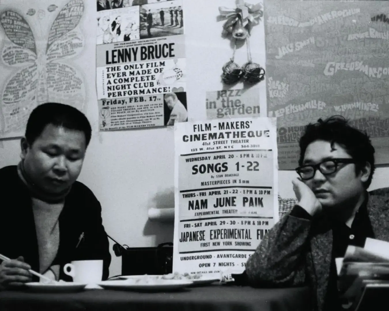 Jūshin Satō and Takahiko Iimura at Filmmakers Cooperative. Photographer unknown, courtesy of Japan America Society for Greater Philadelphia.