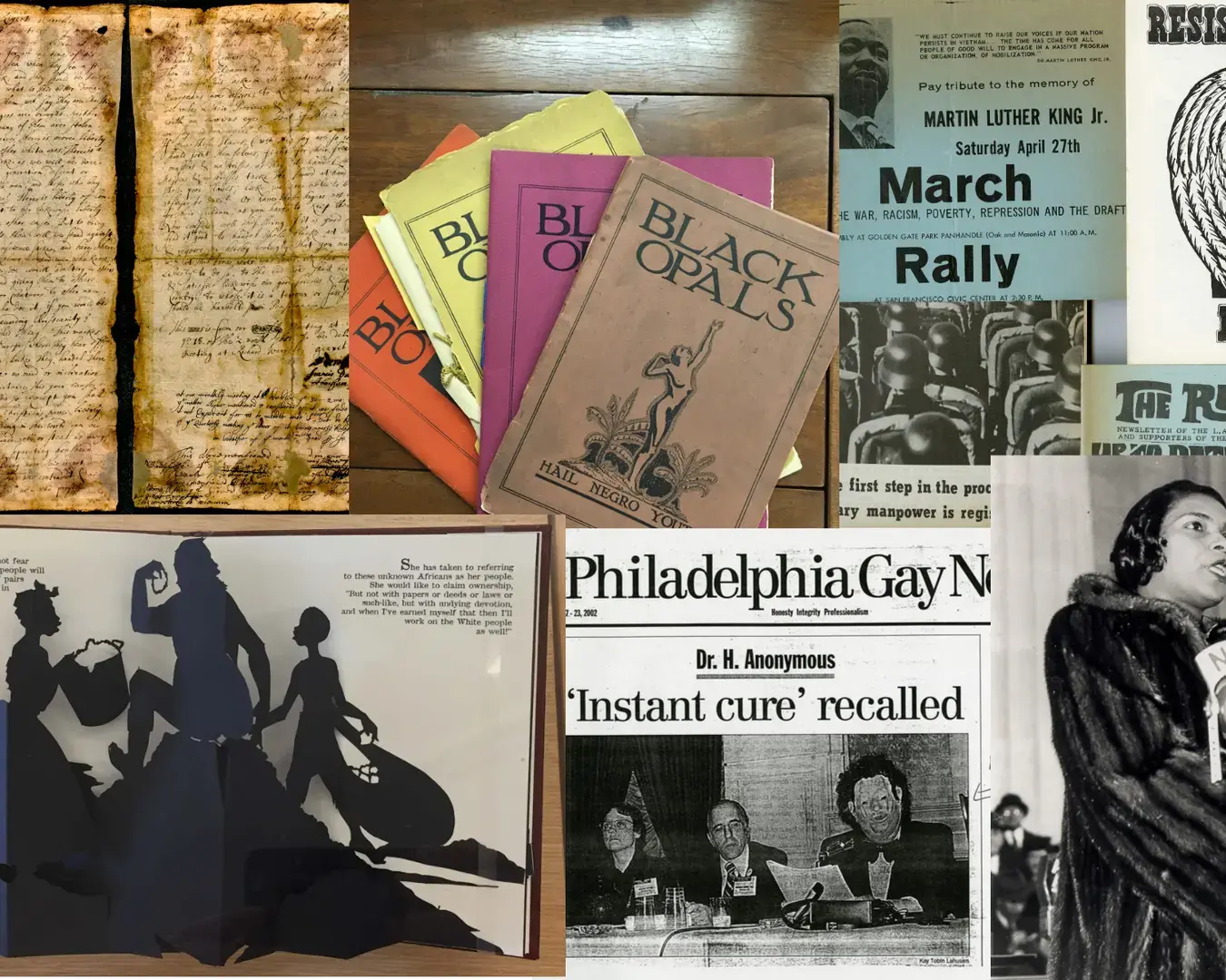 Archival documents from Chronicling Resistance, Enabling Resistance, Philadelphia Area Consortium of Special Collections Libraries, 2018. Photo by Mariam Williams and Zoe Jeka.