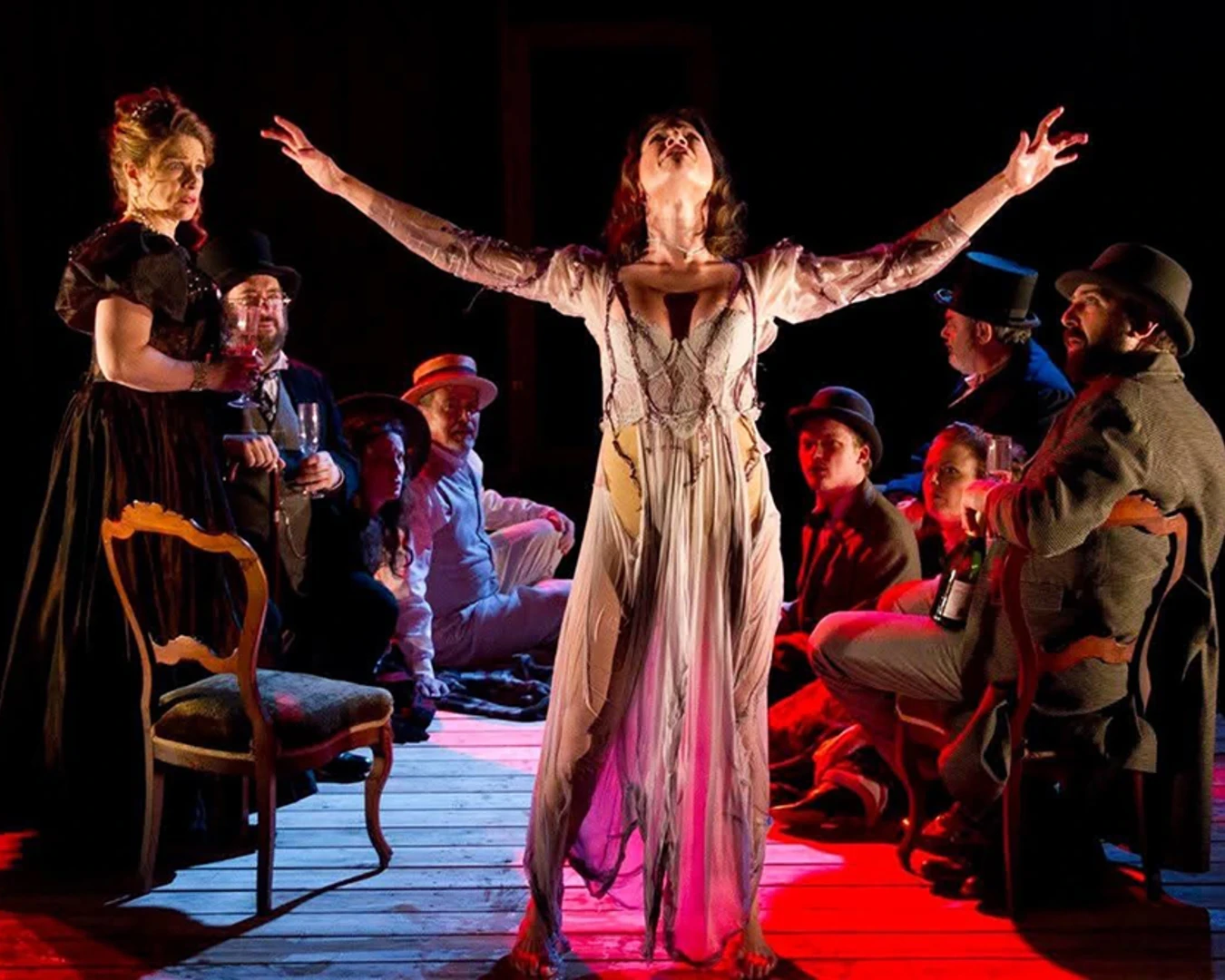 Melanie Julian, Dane Eissler, Eric Kramer, Kristin Quinn, Ed Swidey, and Stephanie Leeann perform in EgoPo Classic Theater's Seagull, Latvian Society, February 2017. Photo by Dave Sarrafian.