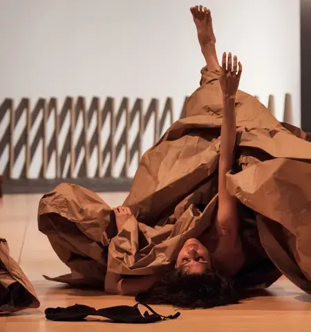 Janine Antoni in collaboration with Anna Halprin, Paper Dance, 2013. April 26, 2016 performance view from Ally, produced in collaboration with The Fabric Workshop and Museum. Photo by Carlos Avendaño. Courtesy of the artists and The Fabric Workshop and Museum.