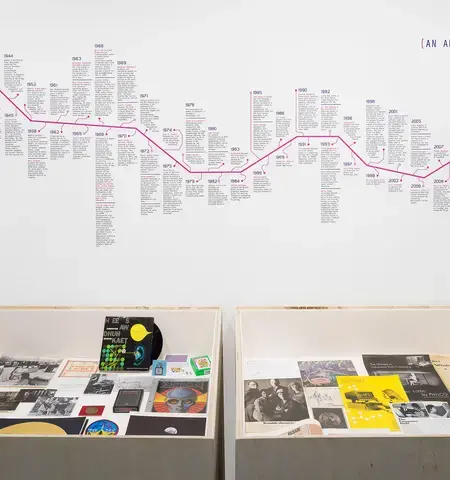 Making/Breaking the Binary: Women, Art &amp; Technology (1968-85), 2017, installation view, Rosenwald-Wolf Gallery, ephemera and timeline of the history of women in technology. Photo by Studio LHOOQ, courtesy of Kelsey Halliday Johnson.