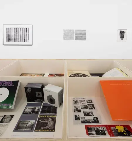 Making/Breaking the Binary: Women, Art &amp; Technology (1968-85), 2017, installation view, Rosenwald-Wolf Gallery. Pictured (L to R): Lynn Hershman Leeson, Beryl Korot, Jennifer Bartlett, Pati Hill; foreground: listening stations of the history of women in electronic music, left: Pauline Oliveros, right: Annea Lockwood. Photo by Studio LHOOQ, courtesy of Kelsey Halliday Johnson.