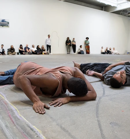 Pew Fellow Jonathan González, De La Preference Du Corps (Body Preferences), 2024. Performance view, David Zwirner, New York, NY, August 29, 2024. Duet Performer, Alexis De La Rosa. Photo by Julieta Cervantes.