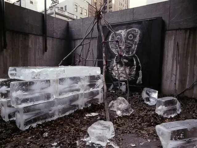 Rafael Ferrer, Fuegian House with Harpy Eagle, leaves, ice, tarp, branches, paint, Whitney Museum of American Art south moat, New York. Installation during Ferrer&rsquo;&#39; one-person exhibit, December 9, 1971 to January 9, 1972. Brochure by Marcia Tucker.