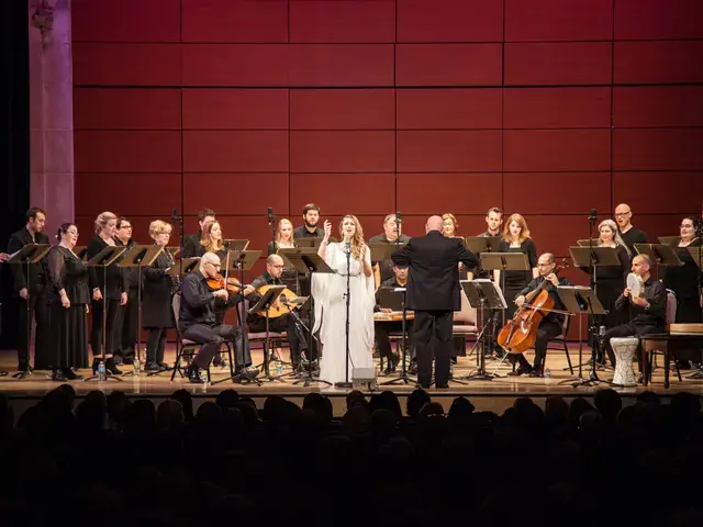 Al-Bustan Takht Ensemble in concert with The Crossing choir and soloist Dalal Abu Amneh, 2015. Photo by Chip Colson.