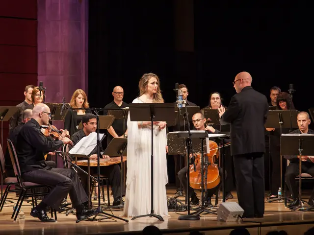 Al-Bustan Takht Ensemble in concert with The Crossing choir and soloist Dalal Abu Amneh, 2015. Photo by Chip Colson.