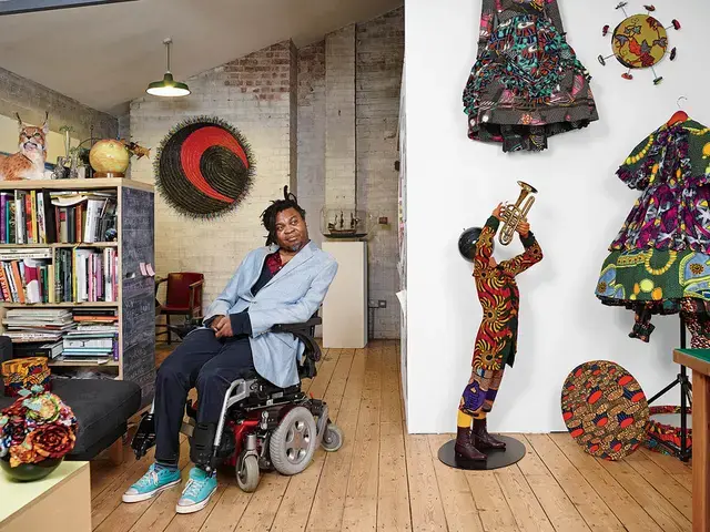 Yinka Shonibare in his London studio, with sculptures featuring his signature batik cloth. Photo by James Mollison for The Wall Street Journal.