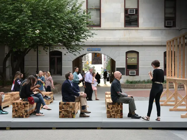 The crowd gathers at the late Terry Adkins&#39; temporary monument in City Hall Courtyard, on the opening day of Monument Lab. Photo by Lisa Boughter.