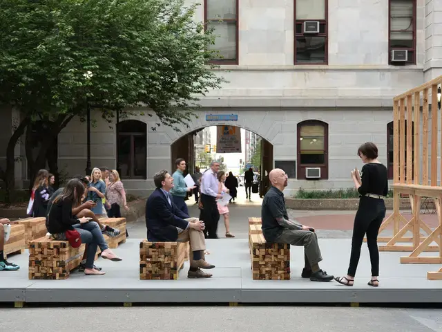 The crowd gathers at the late Terry Adkins&#39; temporary monument in City Hall Courtyard, on the opening day of Monument Lab. Photo by Lisa Boughter.