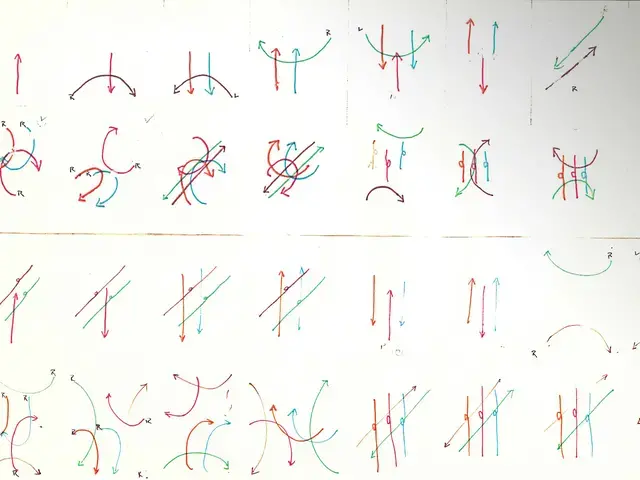 Score for Lucinda Childs&#39; Melody Excerpt. This score represented all the possible pathways that each dancer may traverse during the course of performing Melody Excerpt, along with stage measurements in feet. Each dancer is represented by a discrete color. Courtesy of Lucinda Childs.