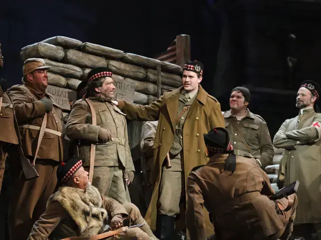 Scottish troops gather around Lieutenant Gordon (Gabriel Preisser) in Opera Philadelphia&rsquo;s East Coast premiere of the Pulitzer Prize-winning opera Silent Night. Photo by Dominic M. Mercier.