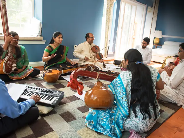 Artists N Muralikrishnan (Keyboard), Shruthi Rajasekar (Tambura), Kiranavali Vidyasankar (Voice &amp; Chitravina), V V S Murari (Violin), Akshay Anantapadmanabhan (Kanjira &amp; Konnakkol), Ravi Balasubramanian (Ghatam), Prasant Radhakrishnan (Saxophone) &amp; Nirmala Rajasekar (Vina) during rehearsals for Tradition &ndash; An Evolving Continuum. Photo by Nan Melville.