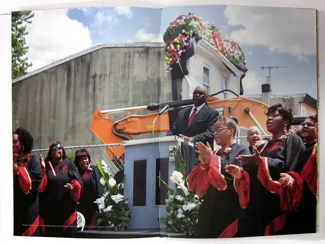 Pastor Harry Moore, Sr. of Mount Olive Baptist Church approaches the lectern remodeled with 3711 Melon Street&rsquo;s front door, as his choir performs at the funeral service for the row home. Interior detail of Temple Contemporary&rsquo;s publication for Funeral for a Home.