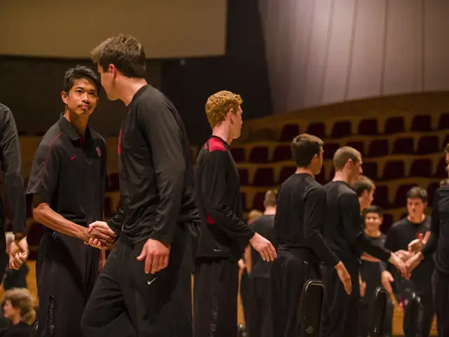 Volleyball players shake hands as part of Ann Carlson&#39;s The Symphonic Body: Stanford at the Performance Studies International 19 conference, June 2013. Photo by Toni Gauthier.