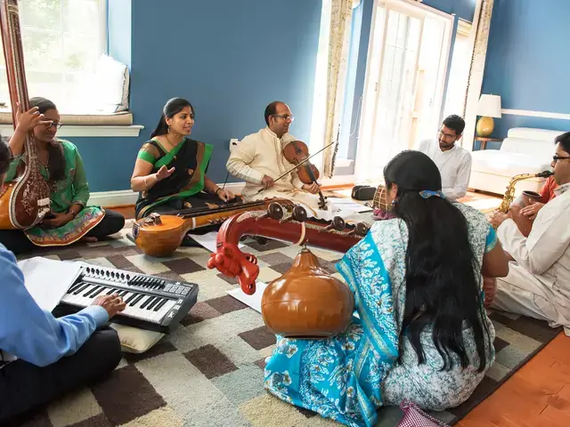 Artists N Muralikrishnan (Keyboard), Shruthi Rajasekar (Tambura), Kiranavali Vidyasankar (Voice &amp; Chitravina), V V S Murari (Violin), and Nirmala Rajasekar (Vina) during rehearsals for Tradition &ndash; An Evolving Continuum. Photo by Nan Melville.&nbsp;