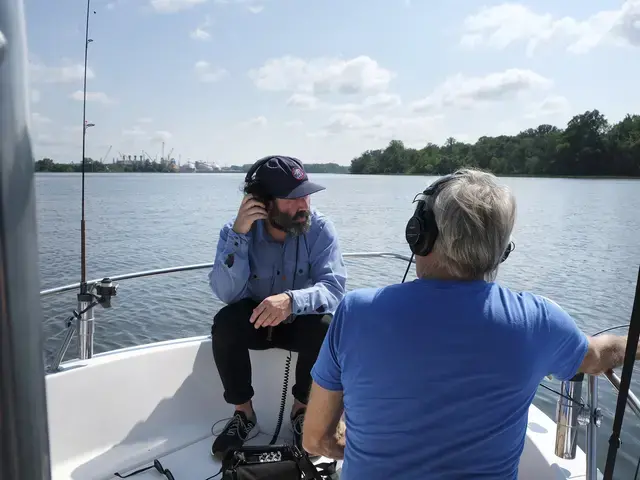 Artist Nathan Young records sounds along the Delaware River for the sound installation&nbsp;nkwiluntàmën&nbsp;at Pennsbury Manor. Photo by Ryan Strand Greenberg.&nbsp;