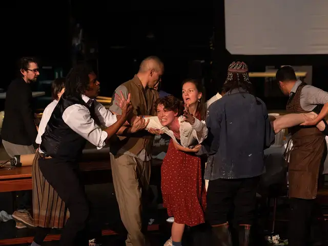 The Wilma Theater, The Cherry Orchard workshop, 2021. Pictured: Krista Apple (center) with the Wilma HotHouse Company. Photo by Johanna Austin.&nbsp;