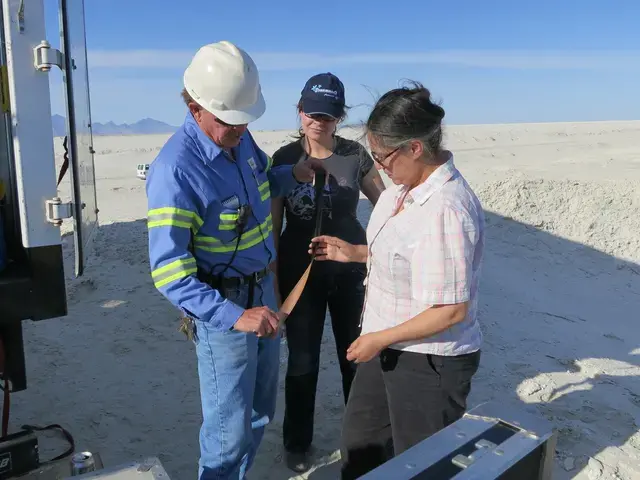 Tacita Dean on location for JG at Intrepid Potash, Wendover, Utah, with Ponds Supervisor, Russ Draper, and his daughter, Jessica (May 2012). Photograph: Richard Torchia.
