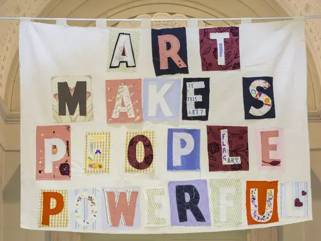 Bob and Roberta Smith, Art Makes People Powerful (2013), installed at the Free Library of Philadelphia for Framing Fraktur. Fabric with applique and embroidery. Courtesy of the Free Library of Philadelphia.