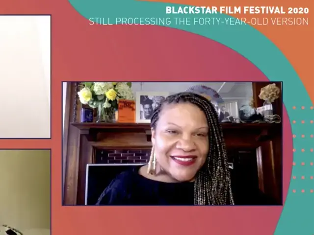 A screenshot from the virtual event "Still Processing The Forty-Year-Old Version" featuring Wesley Morris, Jenna Worthham, and Radha Blank during the 2020 Blackstar Film Festival.&nbsp;