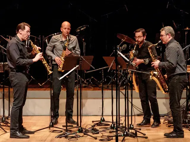 PRISM Quartet. Pictured: Timothy McAllister, Zachary Shemon, Taimur Sullivan, and Pew Fellow Matthew Levy. Photo by Scott Friedlander.