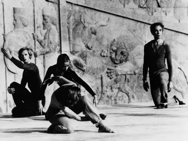 Douglas Dunn (left), Carolyn Brown (rear), and Merce Cunningham (far right),&nbsp;Persepolis Event, Shiraz Arts Festival, 1972.&nbsp;Photo courtesy Cunningham Dance Foundation archive.