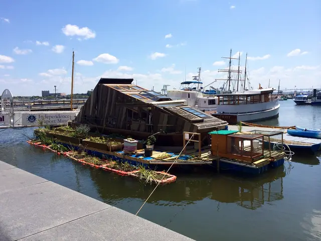 Mary Mattingly, Wetland, 2014, a six-week long interactive installation on the Delaware River at Penn&rsquo;s Landing, presented by Independence Seaport Museum and FringeArts. Photo courtesy of Independence Seaport Museum.