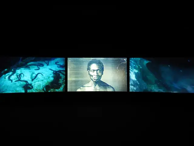 John Akomfrah, Vertigo Sea, 2015; three-channel HD color video installation, 7.1 sound, 48 minutes 30 seconds. Photo courtesy of the African American Museum in Philadelphia.