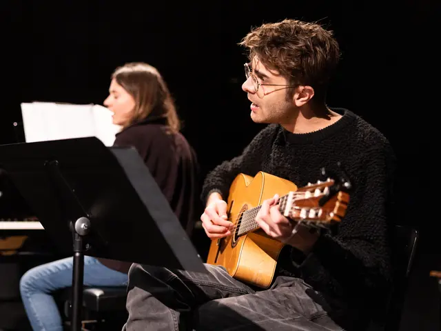 Music director Madeline Benson and composer Daniel Lazour at a developmental workshop for Night Side Songs, Northwestern University.&nbsp;