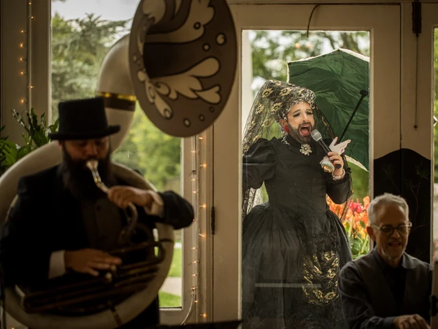 The Bearded Ladies perform at Laurel Hill Picnic, 2023. Pictured: Josh Machiz, Jarbeaux, and Heath Allen. The Bearded Ladies are performing a weekly series to reflect on artistic sustainability through a queer cabaret lens. Photo by Wide Eyed Studios.