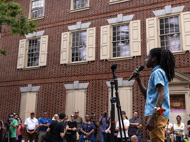 Judah Burke performing at Monument Lab's Declaration House Block Party, curated by Yolanda Wisher for the opening of Sonya Clark’s The Descendants of Monticello, 2024, Philadelphia, PA. Photo by Steve Weinik.&nbsp;&nbsp;