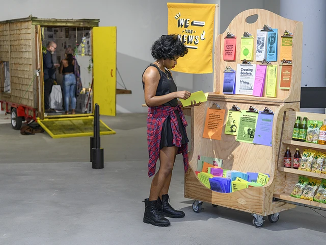 Teaching at the End of Times (2023), an exhibition by Vox Populi presented at Atelier Gallery, featuring a mobile learning unit and public workshops exploring collective teaching and creative exchange. Photo by Constance Mensh.&nbsp;