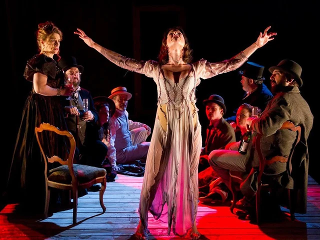 Melanie Julian, Dane Eissler, Eric Kramer, Kristin Quinn, Ed Swidey, and Stephanie Leeann perform in EgoPo Classic Theater's Seagull, Latvian Society, February 2017. Photo by Dave Sarrafian.